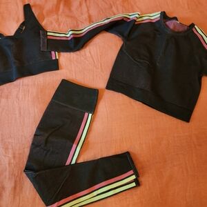 Fabletics Black Set with Pink and Green Stripes